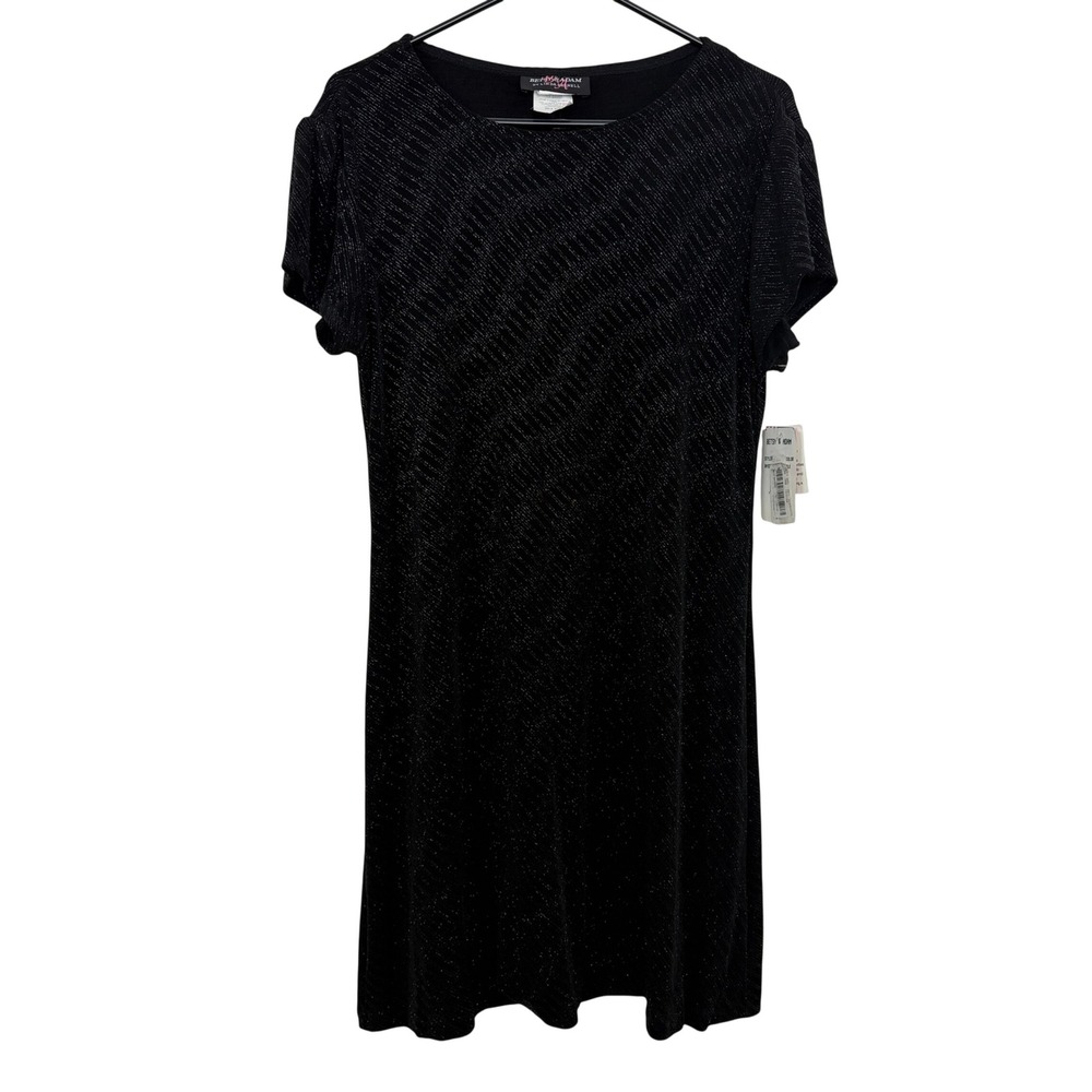 Betsy & Adam Dress Womens 14 Black Metallic Glitter Stripe Short Sleeve BA1095